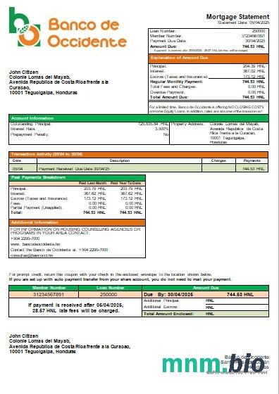 Honduras Banco de Occidente wyciąg z kredytu hipotecznego szablon Word i PDF